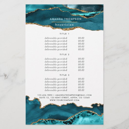 Aquamarin - Türkis und Gold Agate Stone Services Flyer (Vorne)