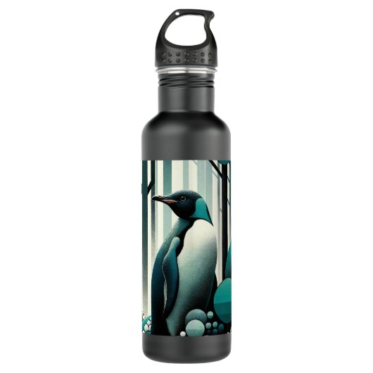 Aquamarin türkisfarbener Pinguin im Art-Déco-Stil Edelstahlflasche (Vorderseite)
