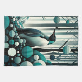 Aquamarin türkisfarbener Pinguin im Art-Déco-Stil Geschirrtuch (Horizontal)