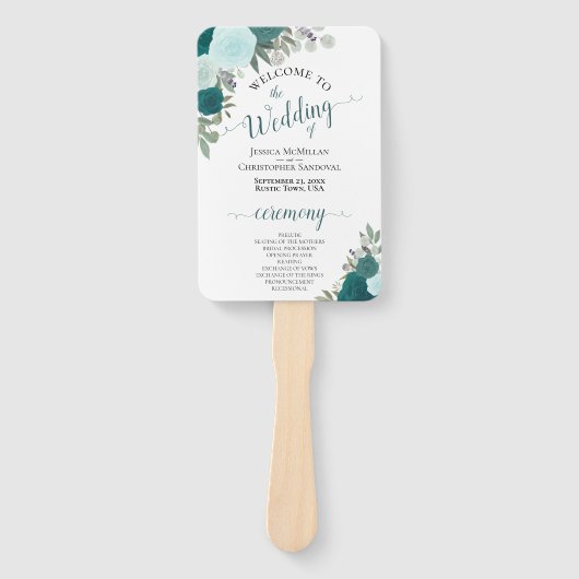 Aquamarin-türkisfarbenes Hochzeitsprogramm für Flo Fächer (Vorderseite)