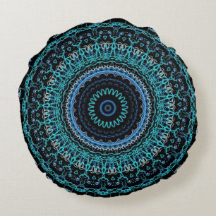 Aquamarin und Black Mandala Rundes Kissen