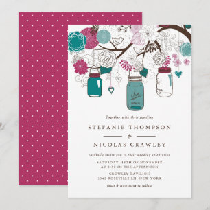 Aquamarin und Burgund Hanging Mason Jars Wedding Einladung