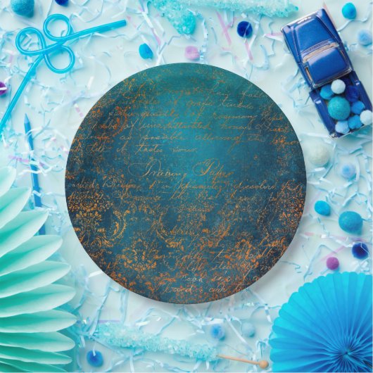 Aquamarin- und Copper Patina Script Paper Plate Pappteller (Party)