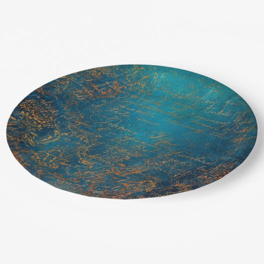 Aquamarin- und Copper Patina Script Paper Plate Pappteller (Schrägansicht)