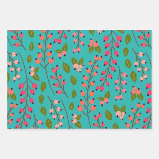 Aquamarin und Coral Berry Pattern Geschenkpapier Set (Vorderseite 3)
