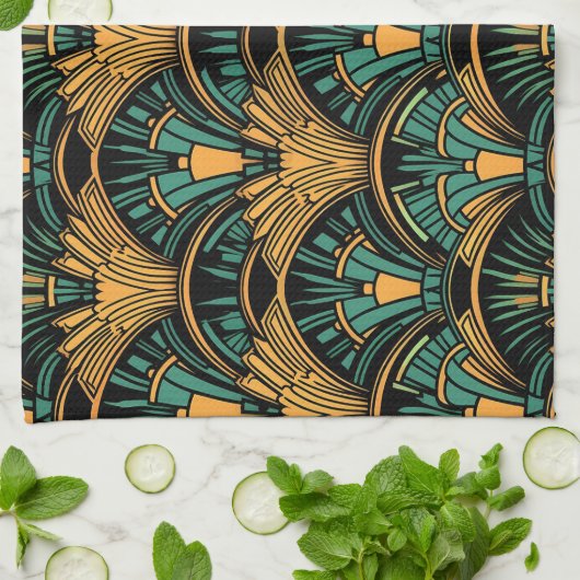 Aquamarin und Gold Art Deco Geschirrtuch (Gefaltet)