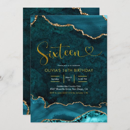 Aquamarin und gold Einladung zum 16. Geburtstag (Vorne/Hinten)