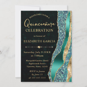 Aquamarin und Gold Glam Tears Bokeh Quinceanera Einladung