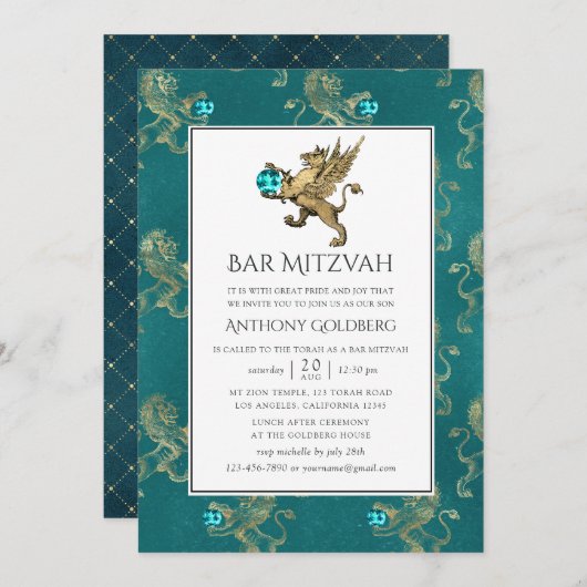 Aquamarin und Gold Heraldic Bar Mitzvah Einladung (Vorne/Hinten)
