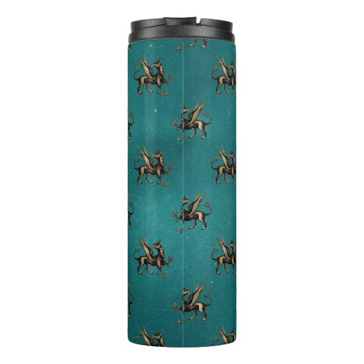 Aquamarin und Gold Heraldic Griffon Thermosbecher (Rückseite)