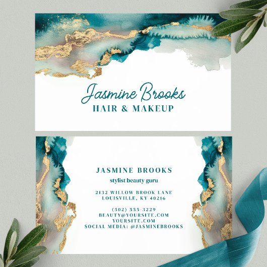 Aquamarin und Gold Moderne Abstrakte Wasserfarbe Visitenkarte