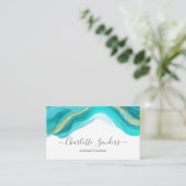 Aquamarin und Gold Moderne Flüssige Wasserfarben A Visitenkarte (Stehend Vorderseite)