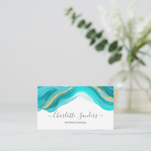 Aquamarin und Gold Moderne Flüssige Wasserfarben A Visitenkarte (Stehend Vorderseite)