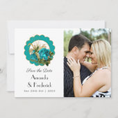 Aquamarin und Gold Paris Art Deco Rose Hochzeit Fo Save The Date (Vorderseite)