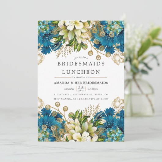 Aquamarin und Gold Shabby-Chic Bridesmaids Luncheo Einladung (Stehend Vorderseite)