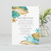 Aquamarin und Gold Tropical Beach Bat Mitzvah Einladung (Stehend Vorderseite)