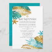 Aquamarin und Gold Tropical Beach Bat Mitzvah Einladung (Vorne/Hinten)