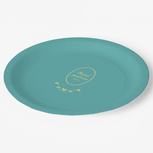 Aquamarin- und Goldhochzeit Pappteller (Schrägansicht)