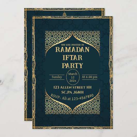 Aquamarin- und Goldmuslimisch-Ramadan Iftar-Party Einladung (Vorne/Hinten)