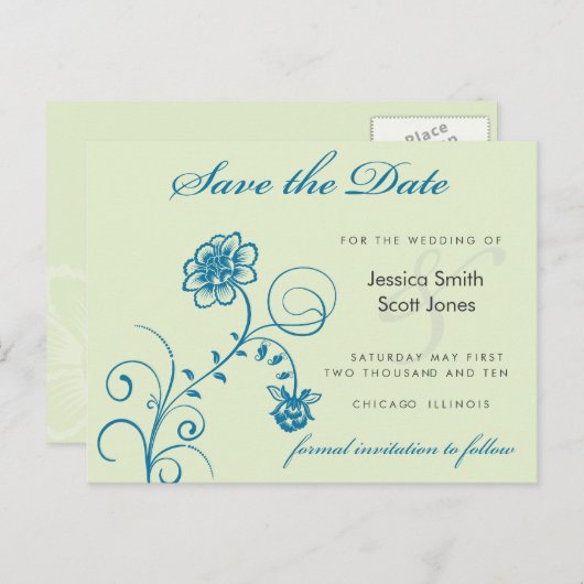 aquamarin und grün Save the Date Ankündigungspostkarte (Vorne/Hinten)