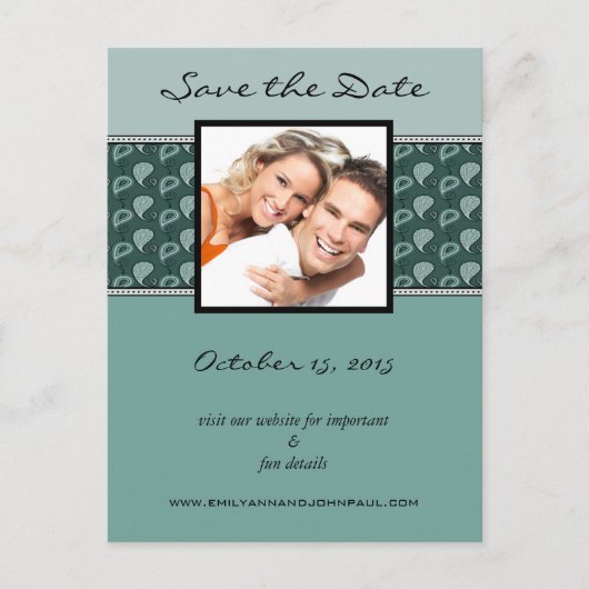 Aquamarin und Ivory Paisley Save the Date Ihre Fot Ankündigungspostkarte (Vorderseite)