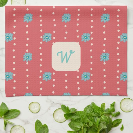 Aquamarin und Korallenfloral Monogram Kitchen Hand Geschirrtuch (Gefaltet)