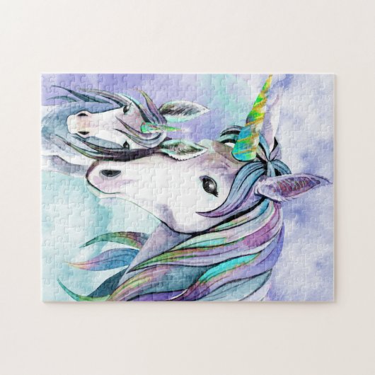 Aquamarin und Lilac Unicorn Mutter und Kind Puzzle (Horizontal)