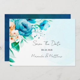 Aquamarin und Peach Wassercolor Florals Save the D Einladung