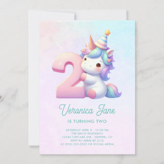 Aquamarin und rosa Niedlich Einhorn 2. Geburtstag Einladung