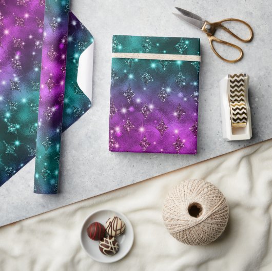 Aquamarin und rosa Ombre Glitzer Celestial Muster Geschenkpapier (Kunsthandwerk)