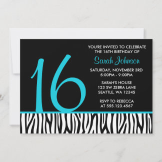 Aquamarin und schwarz Zebra Sweet 16 Number Birthd Einladung