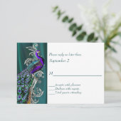 Aquamarin und weiß mit Peacock Wedding RSVP Card Karte (Stehend Vorderseite)