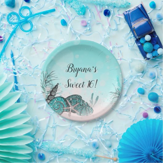 Aquamarin unter den Muscheln Strand Sweet 16 Party Pappteller (Party)