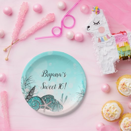 Aquamarin unter den Muscheln Strand Sweet 16 Party Pappteller (Party)