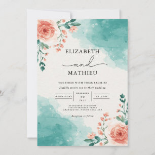 Aquamarin Wash Floral Blüh Wedding Einladung