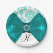 Aquamarin & weiß Damask Bling Bow Glam Sweet 16 Pa Pappteller (Vorderseite)