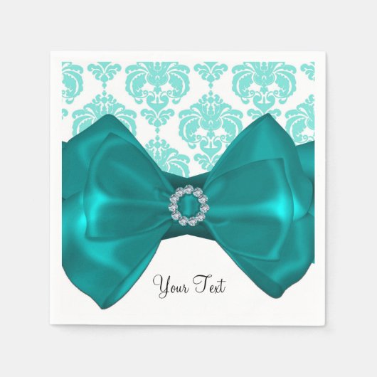 Aquamarin & weiß Damask Bling Bow Glam Sweet 16 Pa Serviette (Vorderseite)