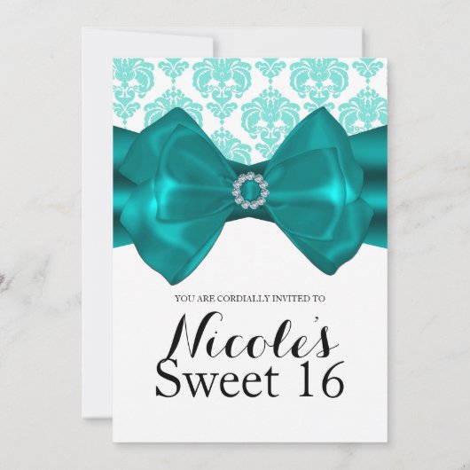 Aquamarin & weiß Damask Bow Glam Chic Sweet 16 Par Einladung (Rückseite)