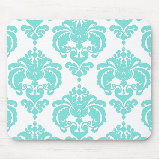 Aquamarin & weiß Damaske Chic Modernes, elegantes  Mousepad (Vorne)