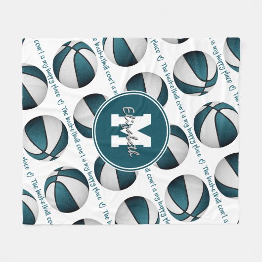 aquamarin Weiß Der Basketballplatz ist mein glückl Fleecedecke (Vorderseite (Horizontal))