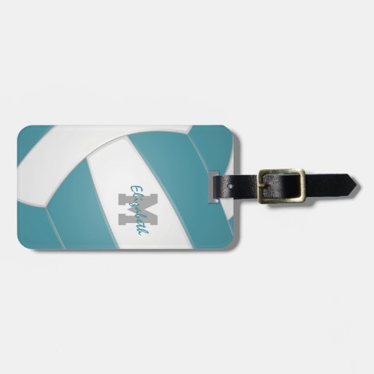 aquamarin-weiß-mit Monogramm-Volleyball Gepäckanhänger (Vorderseite horizontal)