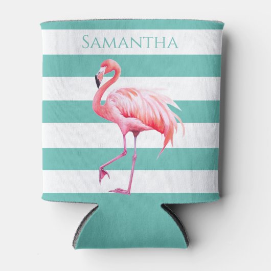 Aquamarin weiße Streifen Rosa Flamingo Personalisi Dosenkühler (Vorderseite)