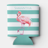 Aquamarin weiße Streifen Rosa Flamingo Personalisi Dosenkühler (Rückseite)