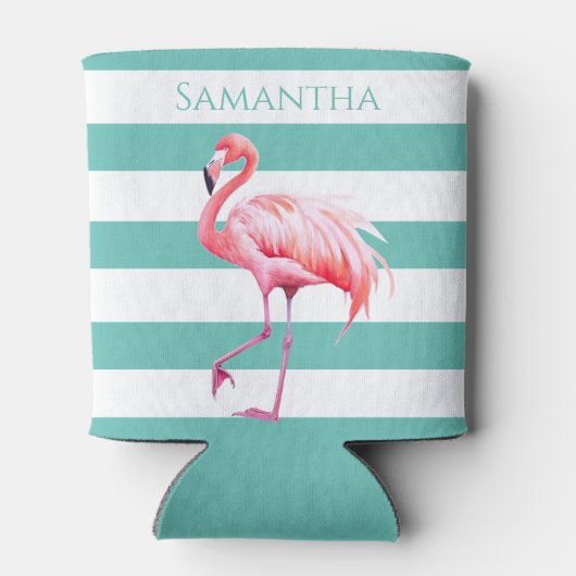 Aquamarin weiße Streifen Rosa Flamingo Personalisi Dosenkühler (Rückseite)