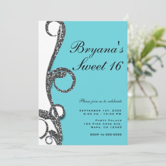 Aquamarin Weißer Silberschmiedehaltiger Glitzer Sw Einladung (Stehend Vorderseite)