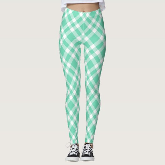 Aquamarin weißes Karomuster Leggings (Vorderseite)