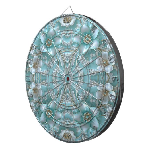 Aquamarin White Floral Dartboard Dartscheibe (Vorderseite rechts)