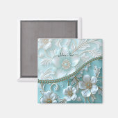 Aquamarin White Floral Magnet (Vorderseite/Rückseite)