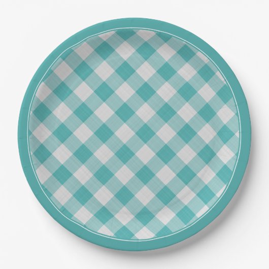 Aquamarin/White Gingham Karo Muster Einfach Karier Pappteller (Vorderseite)