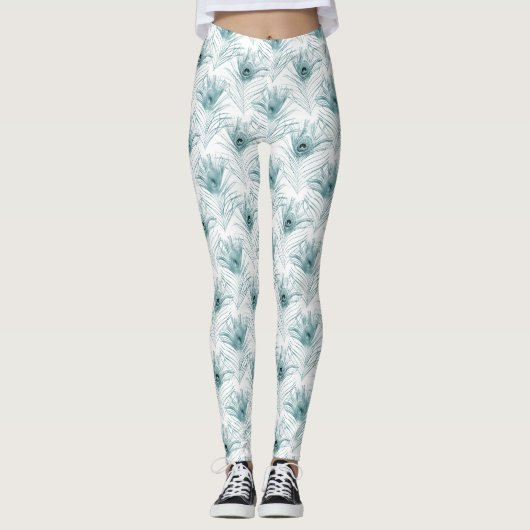 Aquamarin White Glitzy Glam Peacock Feathers Leggings (Vorderseite)